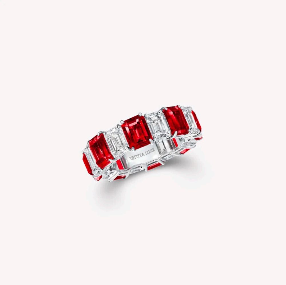 Emerald Cut Ruby and Diamond Wedding Band